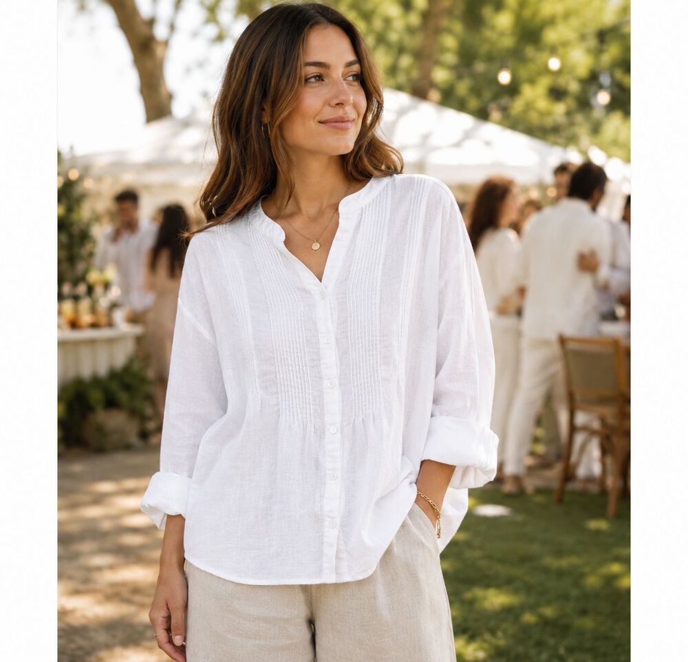 100% Linen Oversized Pintuck White Women's Top Size M Summer Lightweight